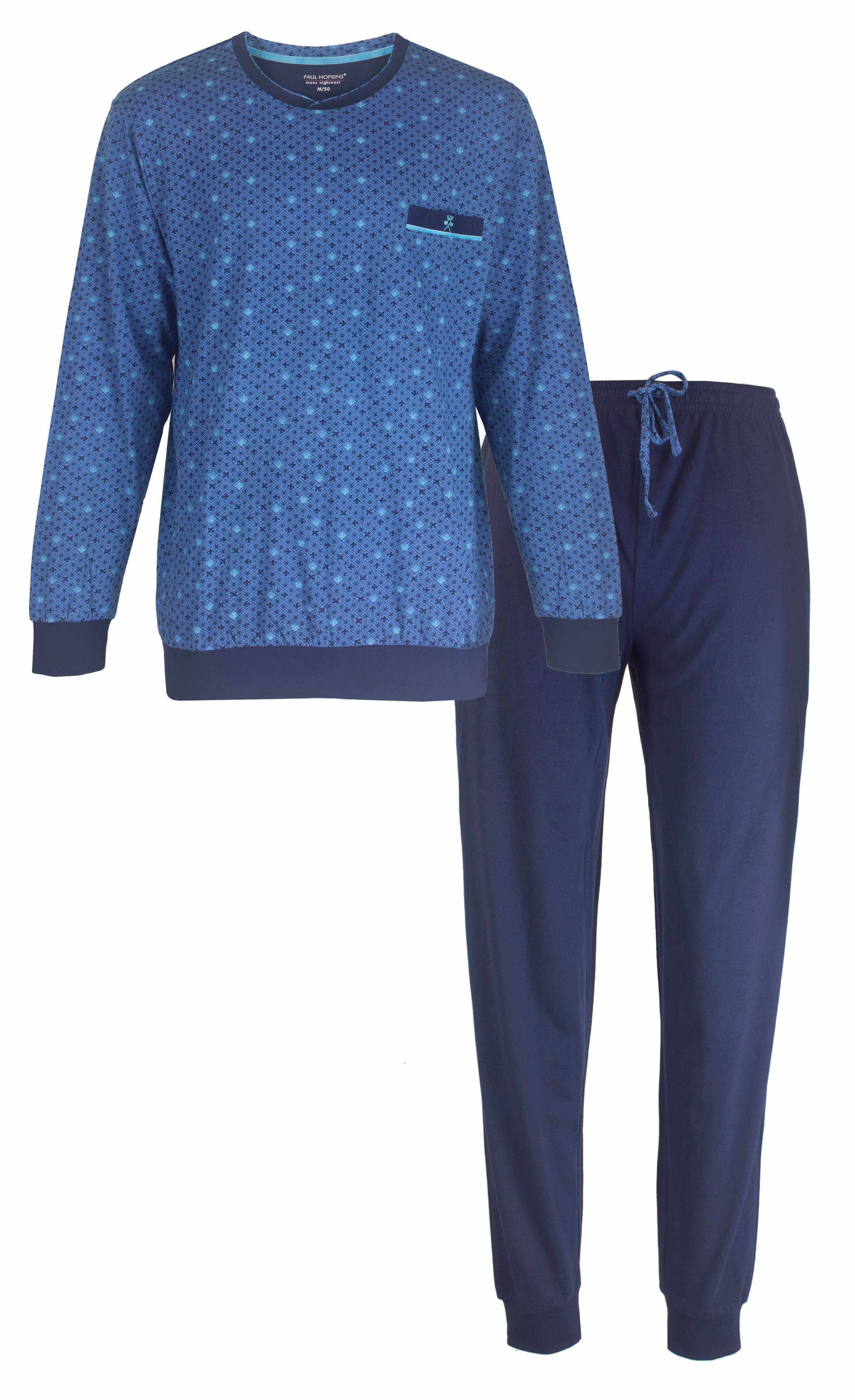 Blauwe heren pyjama set met geprint dessin op de top en effen broek, gemaakt van 100% gekamde katoen