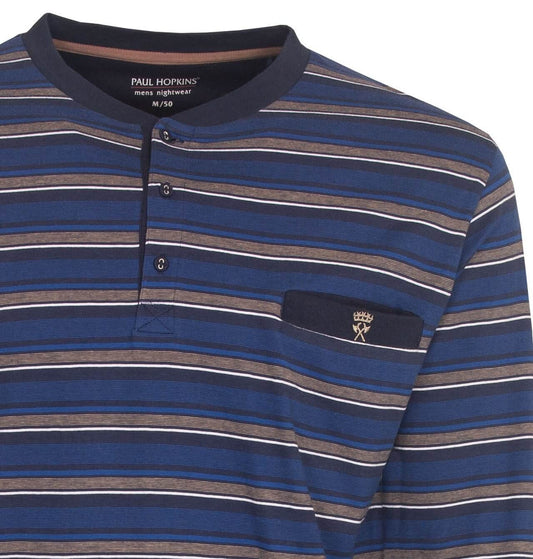 Blauwe gestreepte pyjama top met polosluiting, lange mouwen en borstzakje met geborduurd logo