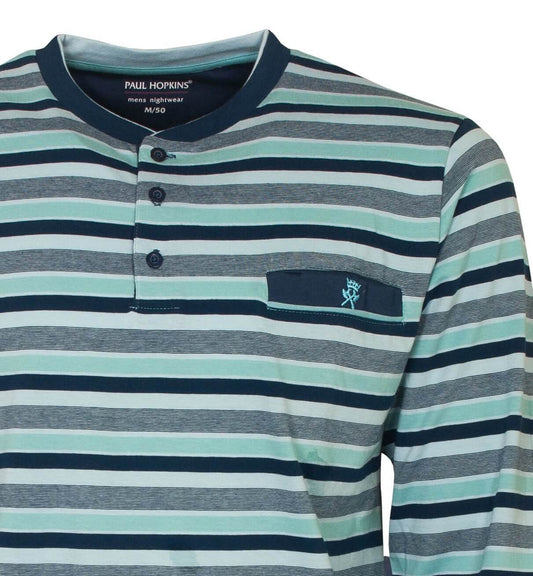 Gestreepte heren pyjama top van Paul Hopkins in tinten blauw en grgrijs en mint, met knoopsluiting en borstzakje