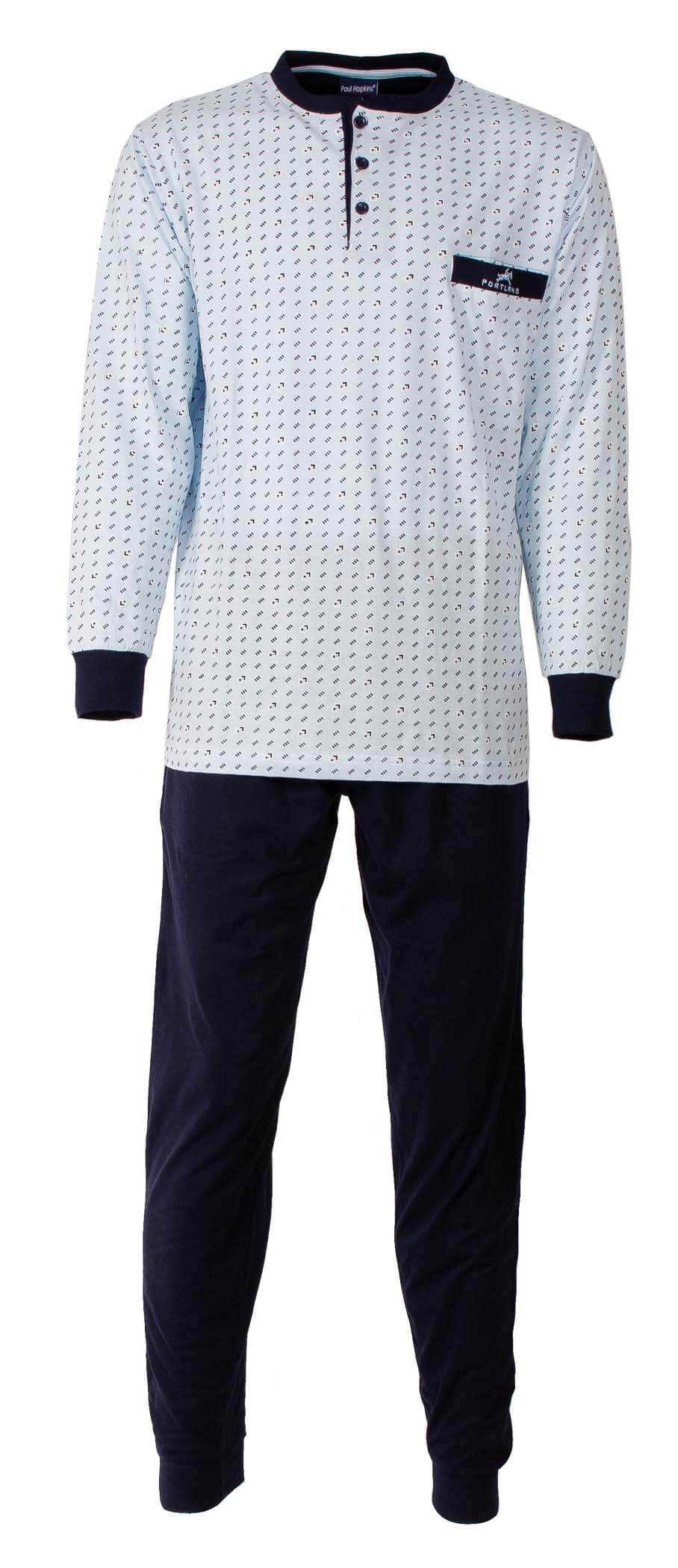 Lichtblauwe heren pyjama met geprint dessin, polo sluiting, lange mouwen en uni donkerblauwe broek