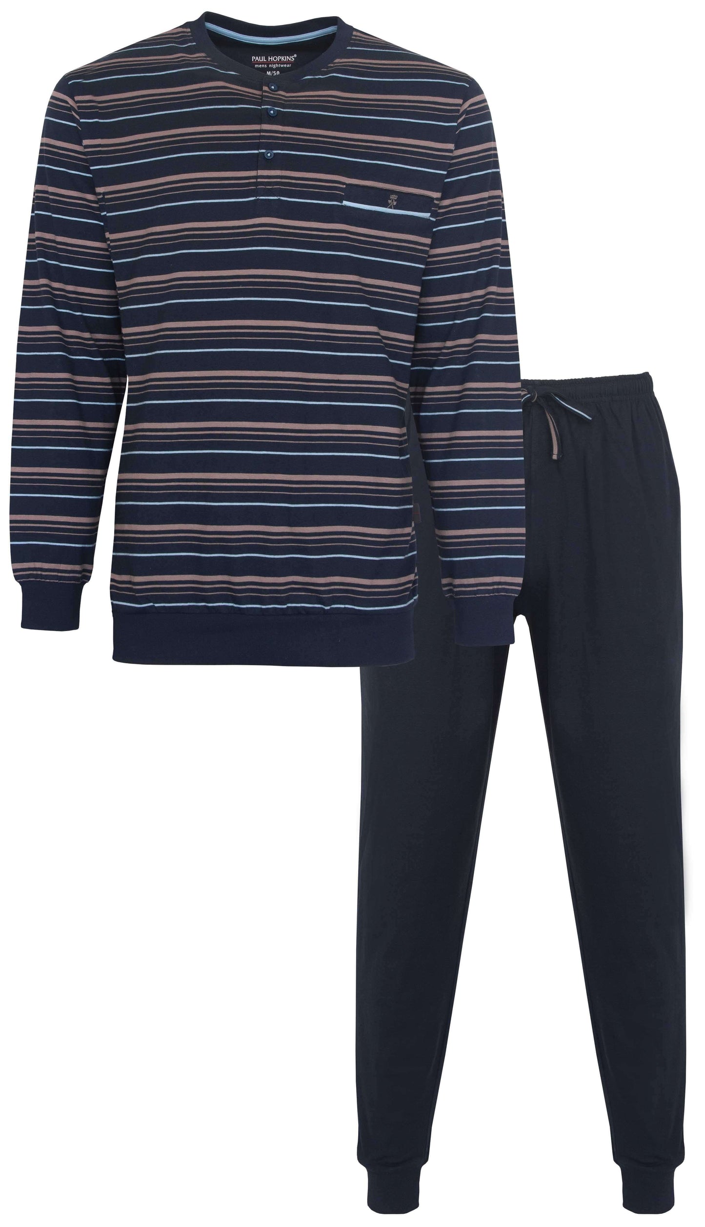 Blauwe gestreepte heren pyjama set met lange mouwen en lange broek, gemaakt van 100% katoen