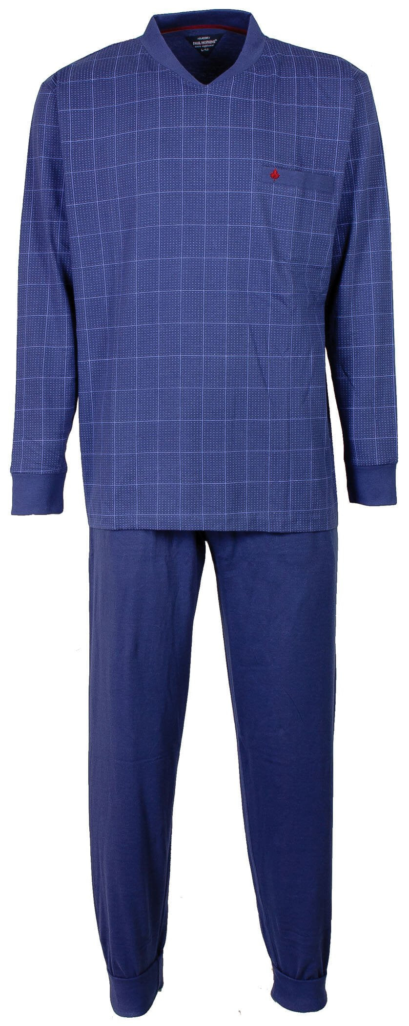 Blauwe heren pyjama met geruite top en V-hals, lange mouwen met boorden, en effen broek van 100% katoen