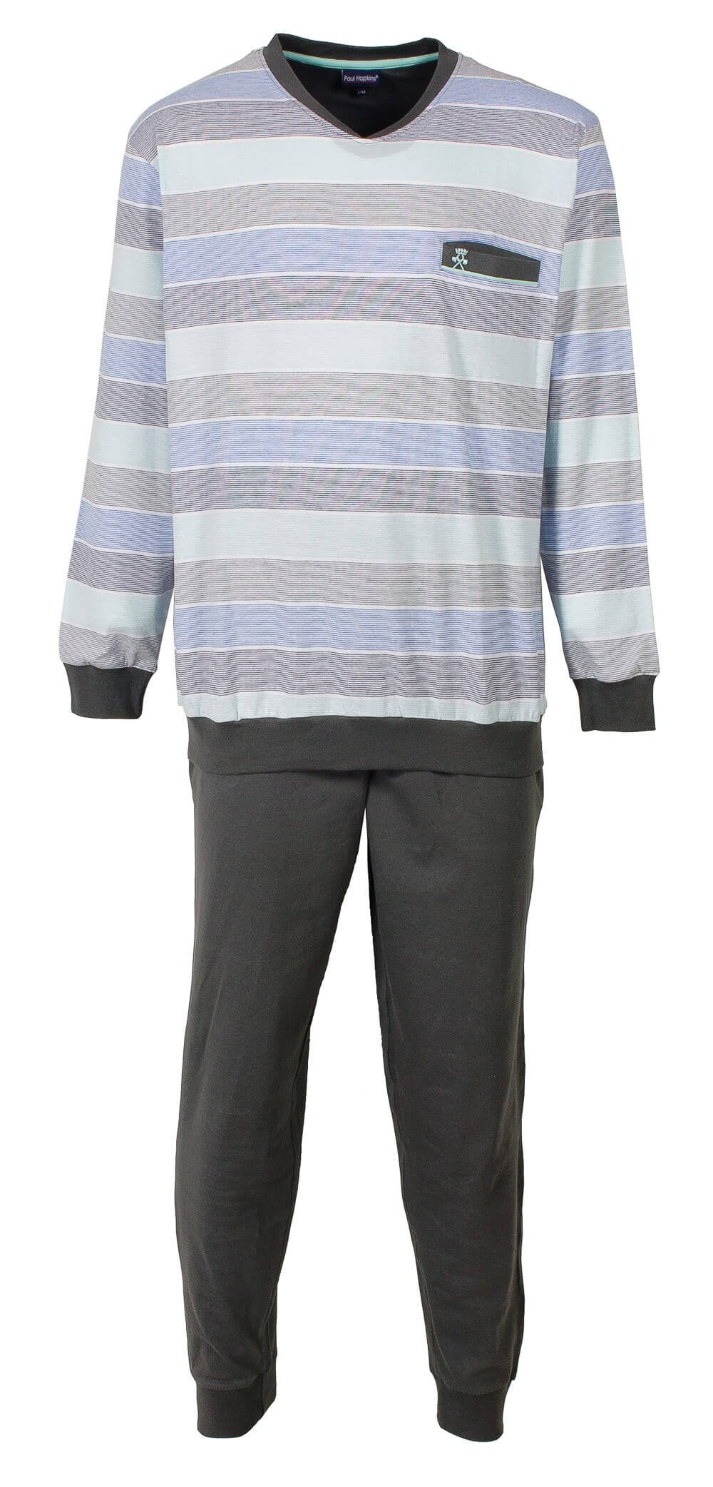 Lichtblauwe gestreepte pyjama met lange mouwen, V-hals en effen broek. Paul Hopkins merk met borstzakje.