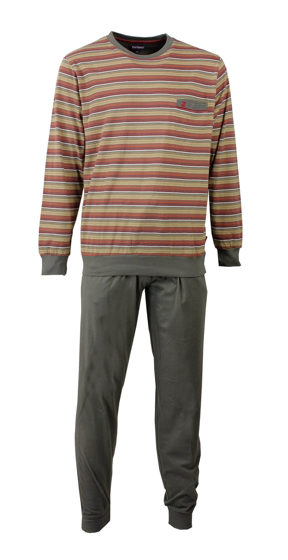 Gestreepte pyjama set met ronde hals top in grijs/rood en effen grijze broek, beide met boorden