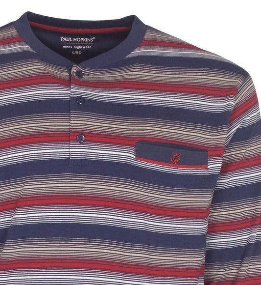 Gestreepte heren pyjama in blauw, rood en wit. Paul Hopkins merk met borstzakje en knoopsluiting.