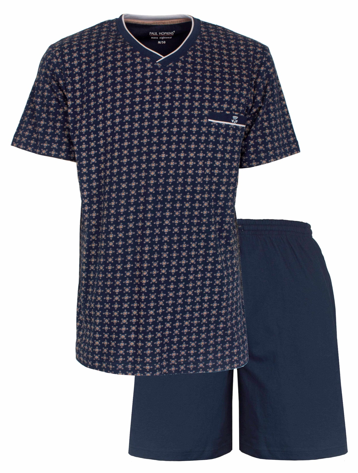 Blauwe heren shortama set met geprint dessin op het shirt en effen korte broek van Paul Hopkins