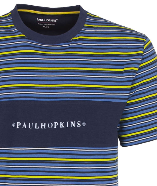 Blauw gestreepte Paul Hopkins heren shortama met gele en witte strepen, logo op de borst, ronde hals.