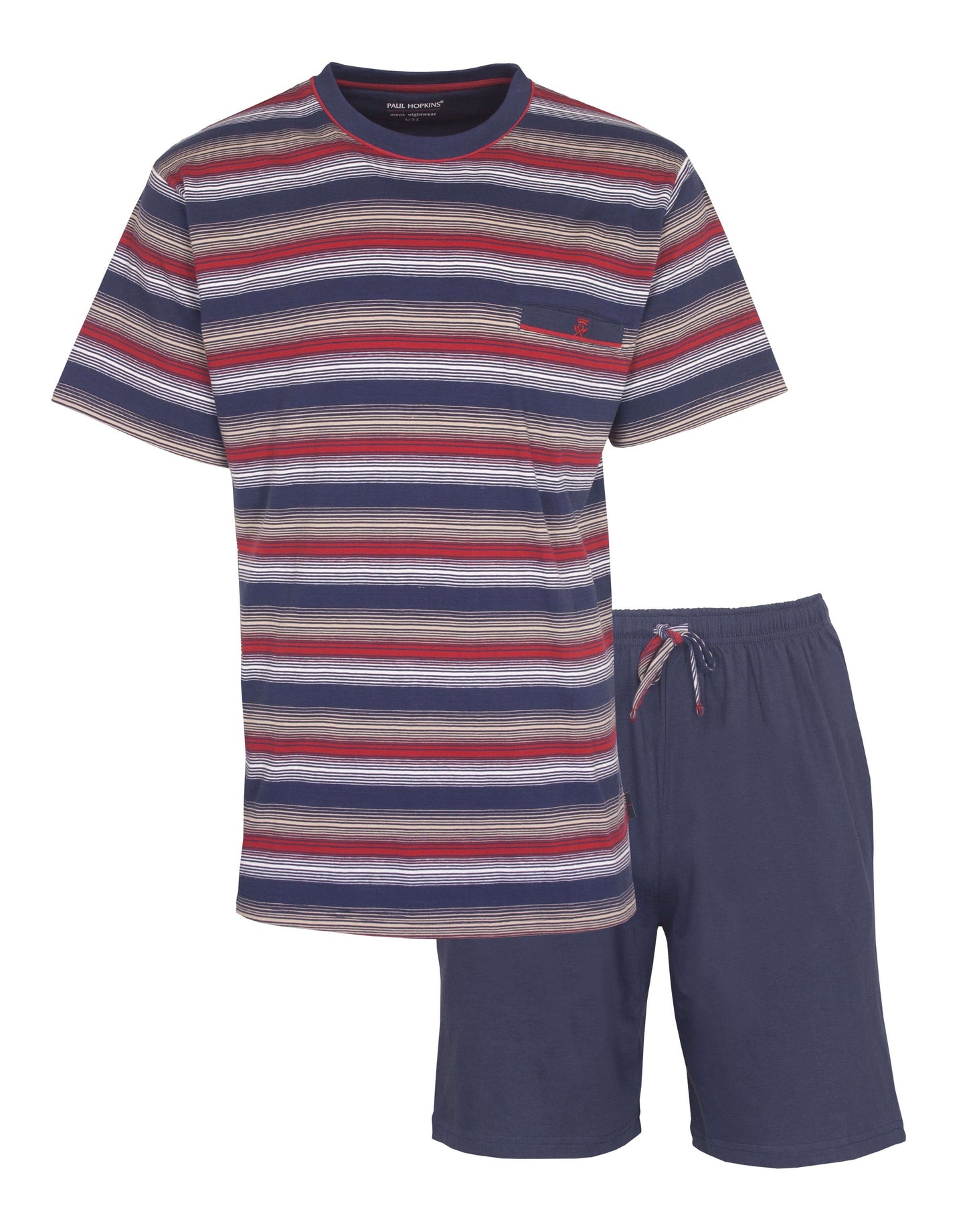 Blauw gestreepte heren shortama set met t-shirt en korte broek, gemaakt van 100% katoen