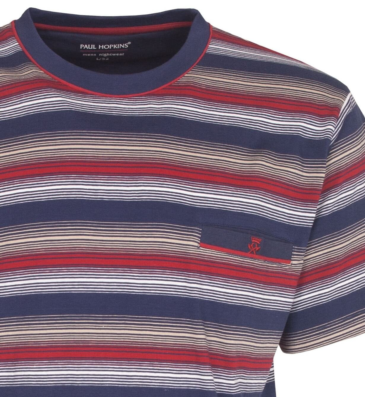 Blauw gestreept T-shirt met rood en wit, Paul Hopkins logo, ronde hals, deel van heren pyjama set