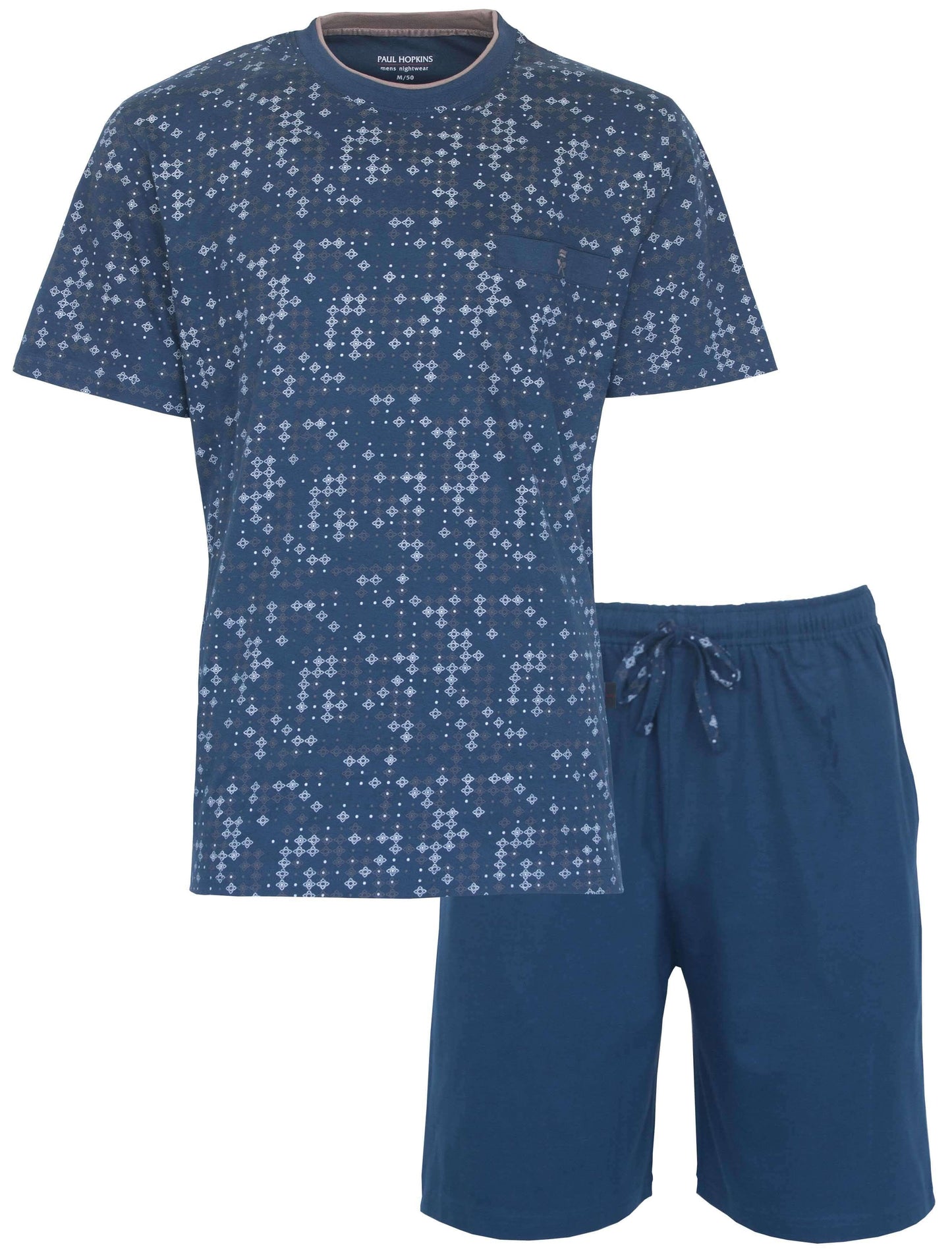 Blauwe heren pyjama set met geometrisch patroon op shirt en effen korte broek met aantrekkoord