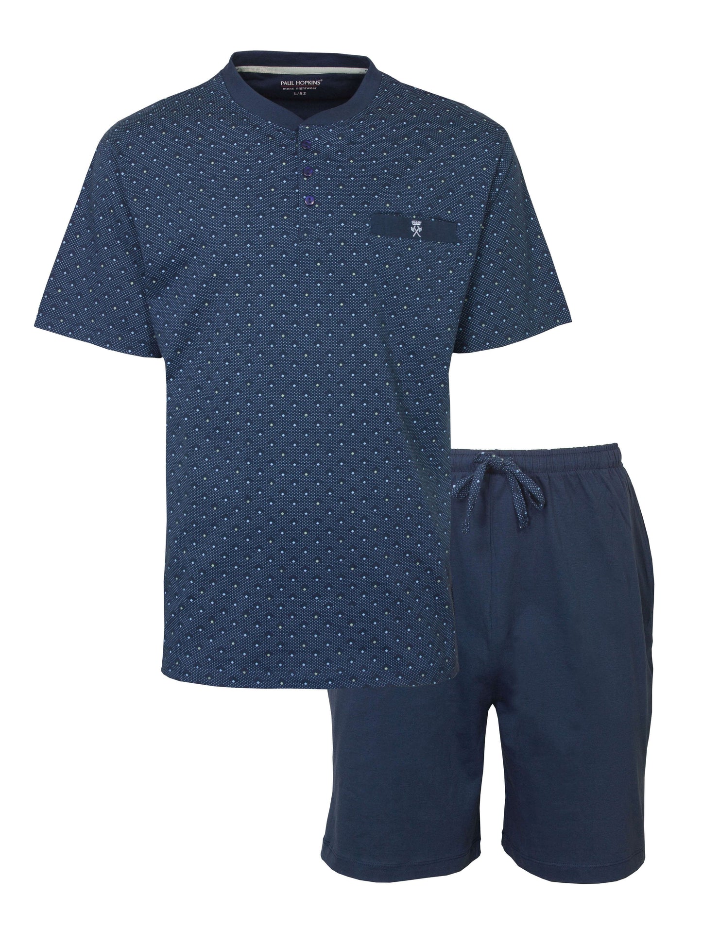 Blauwe heren shortama set met gestippeld T-shirt en effen korte broek, merk Paul Hopkins