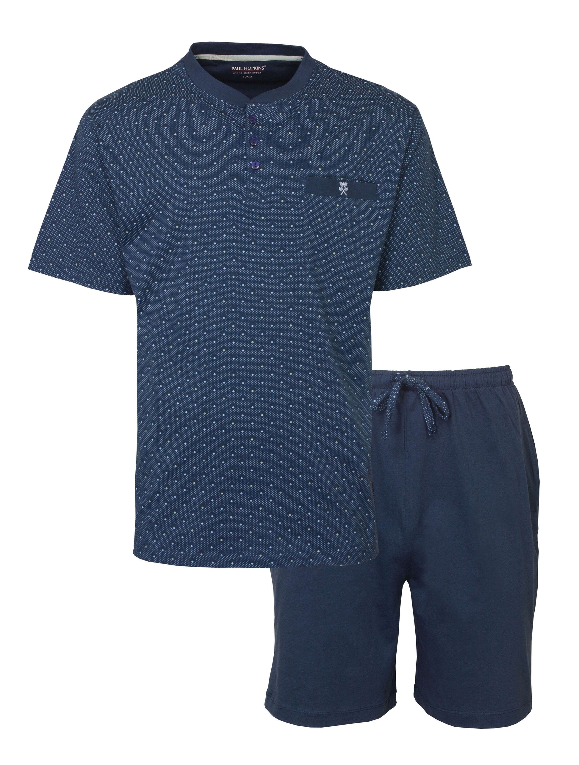 Blauwe heren shortama set met gestippeld T-shirt en effen korte broek, merk Paul Hopkins