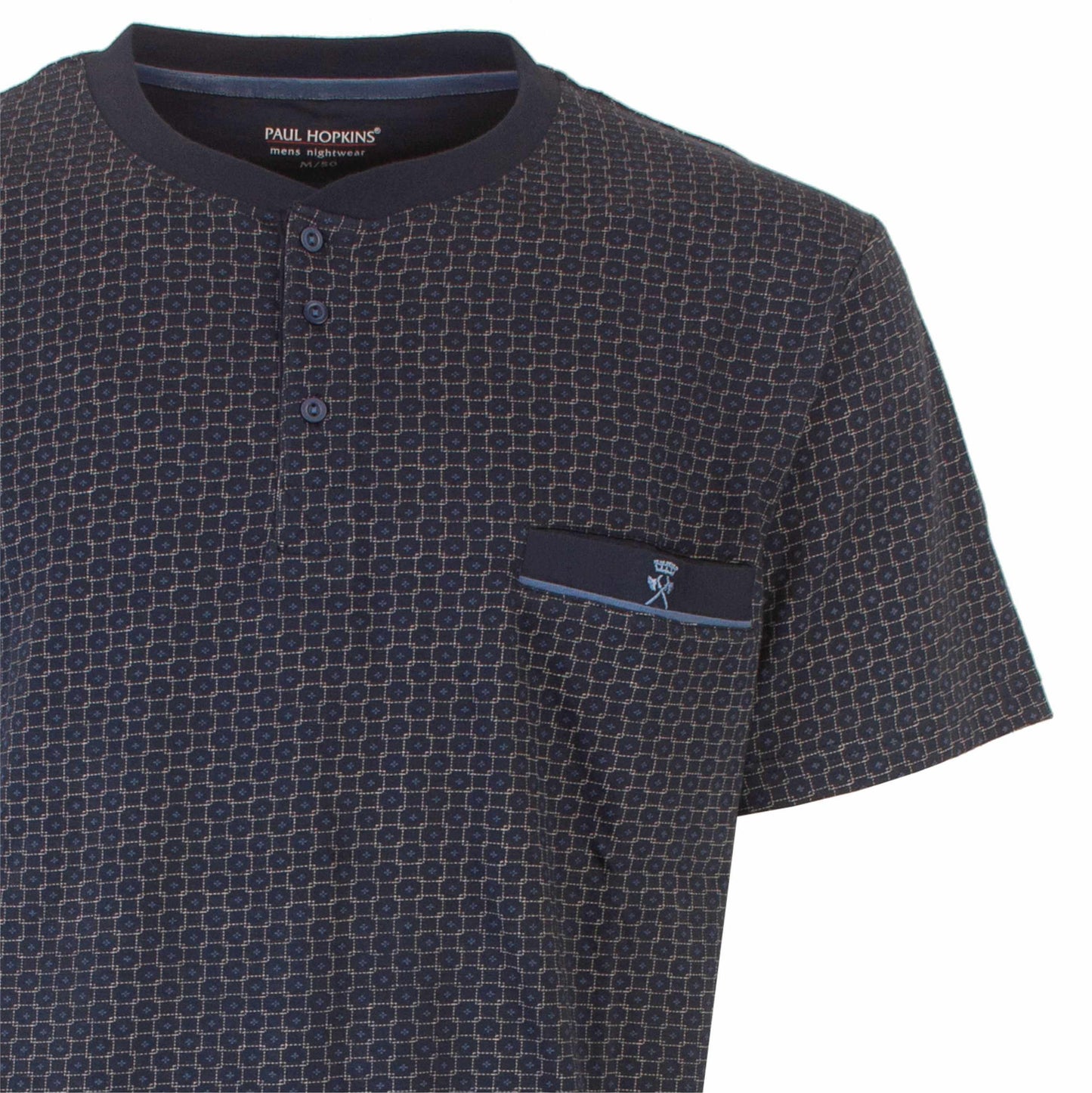 Donkerblauwe pyjama top met geometrisch patroon, knopen en borstzakje met logo, Paul Hopkins merk