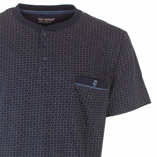 Donkerblauwe pyjama top met geometrisch patroon, knopen en borstzakje met logo, Paul Hopkins merk