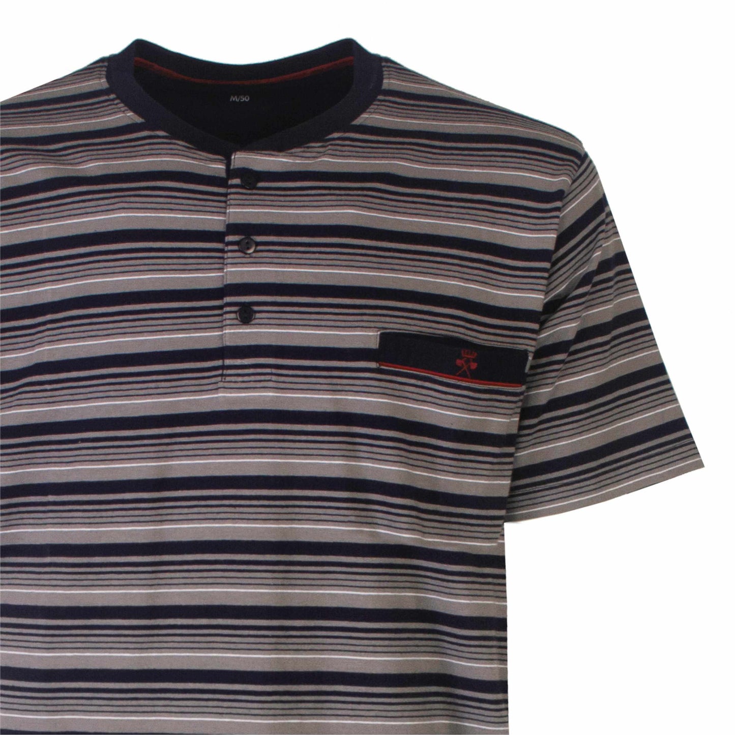 Gestreept T-shirt met korte mouwen, dondonkerblauw, grijs en wit. Henley-hals en borstzakje met logo.