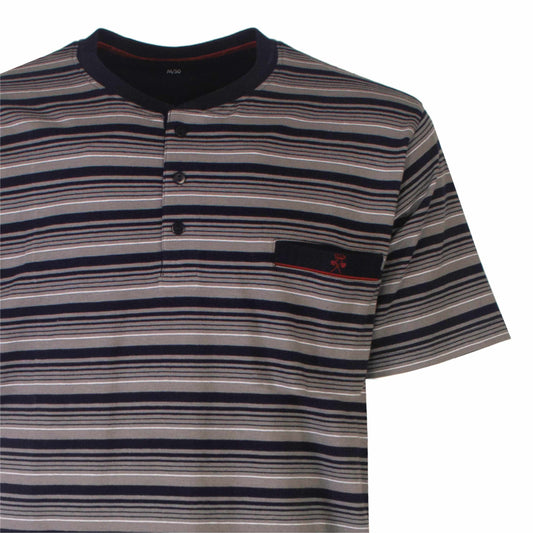 Gestreept T-shirt met korte mouwen, dondonkerblauw, grijs en wit. Henley-hals en borstzakje met logo.