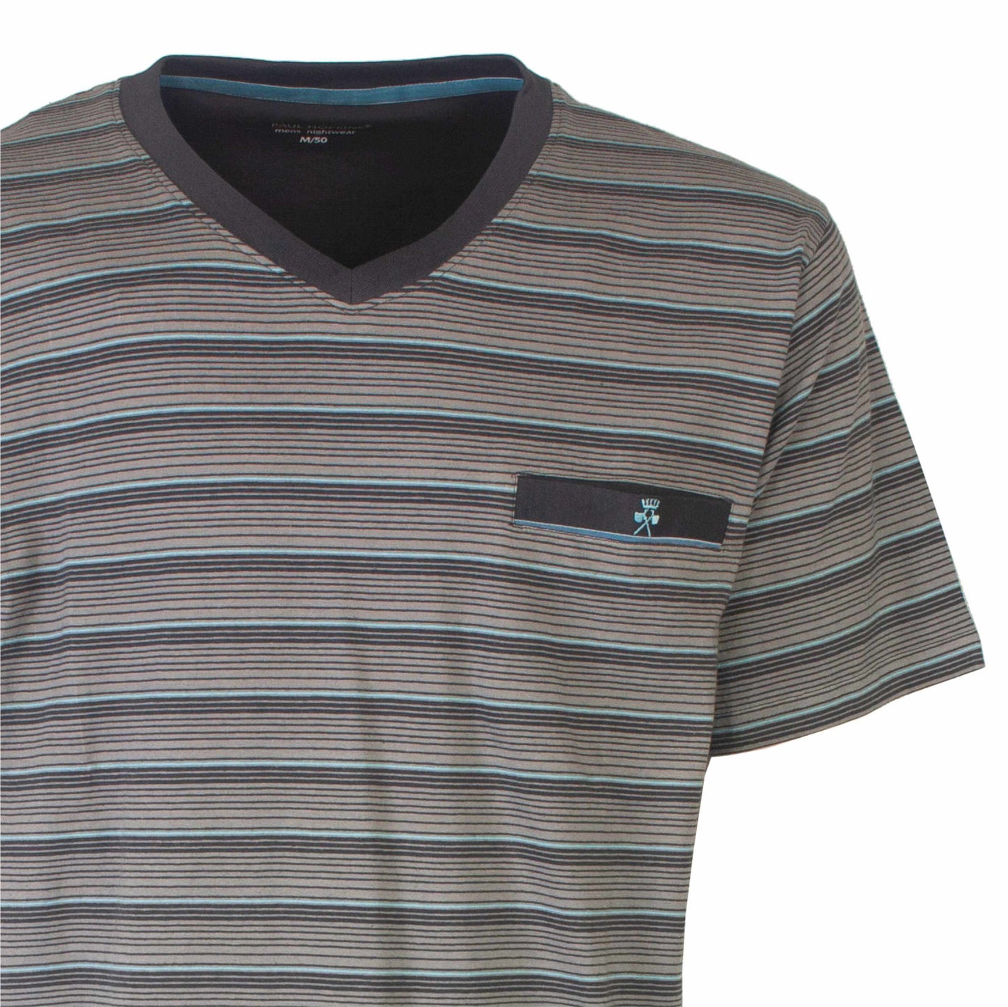 Gestreept heren T-shirt in donkergrijs met lichtblauwe strepen, V-hals en borstzakje met logo.