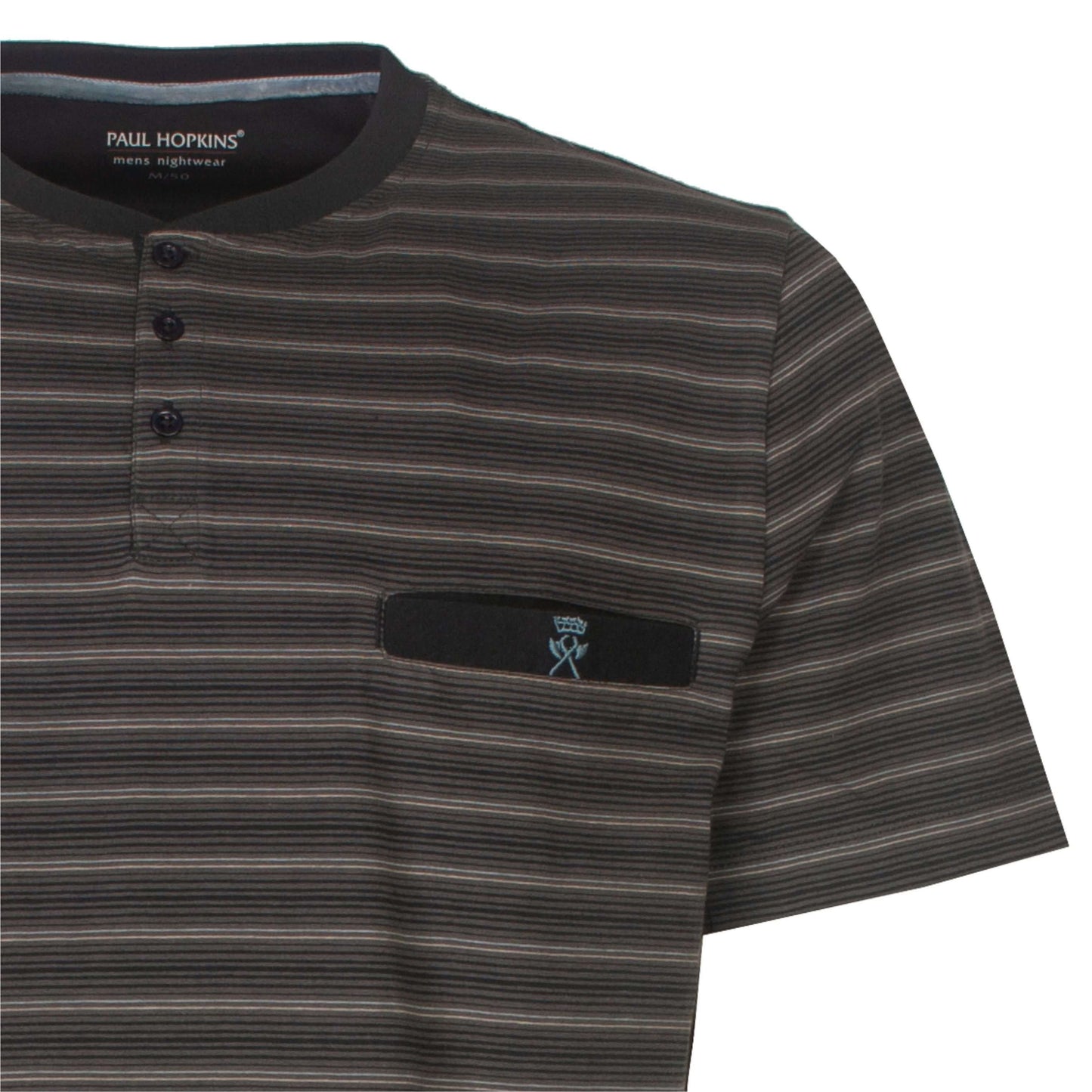 Grijze heren shortama van Paul Hopkins met polo sluiting en gestreept dessin, gemaakt voor nachtkleding