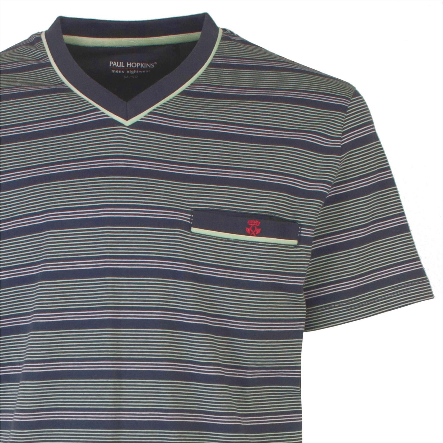 Gestreept T-shirt van Paul Hopkins met V-hals en borstzakje, in groene en blauwe tinten voor heren nachtkleding.