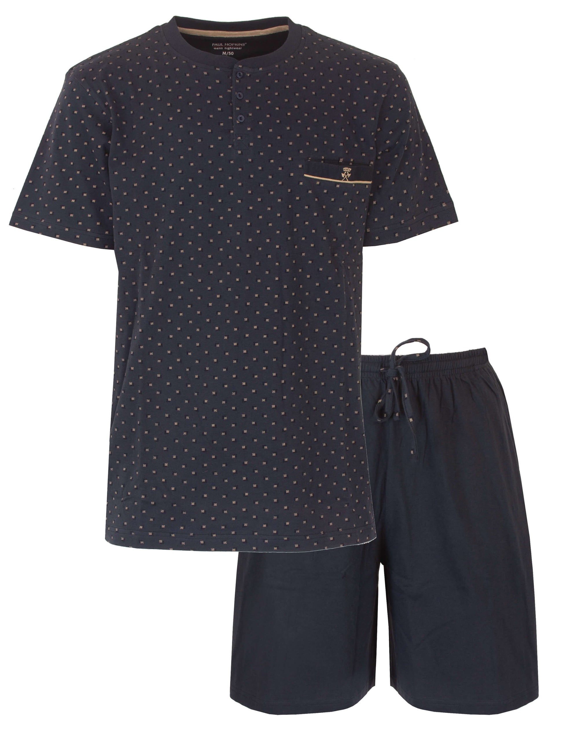 Donkerblauwe heren shortama met lichtere stippen, bestaande uit een T-shirt met korte mouwen en een korte broek