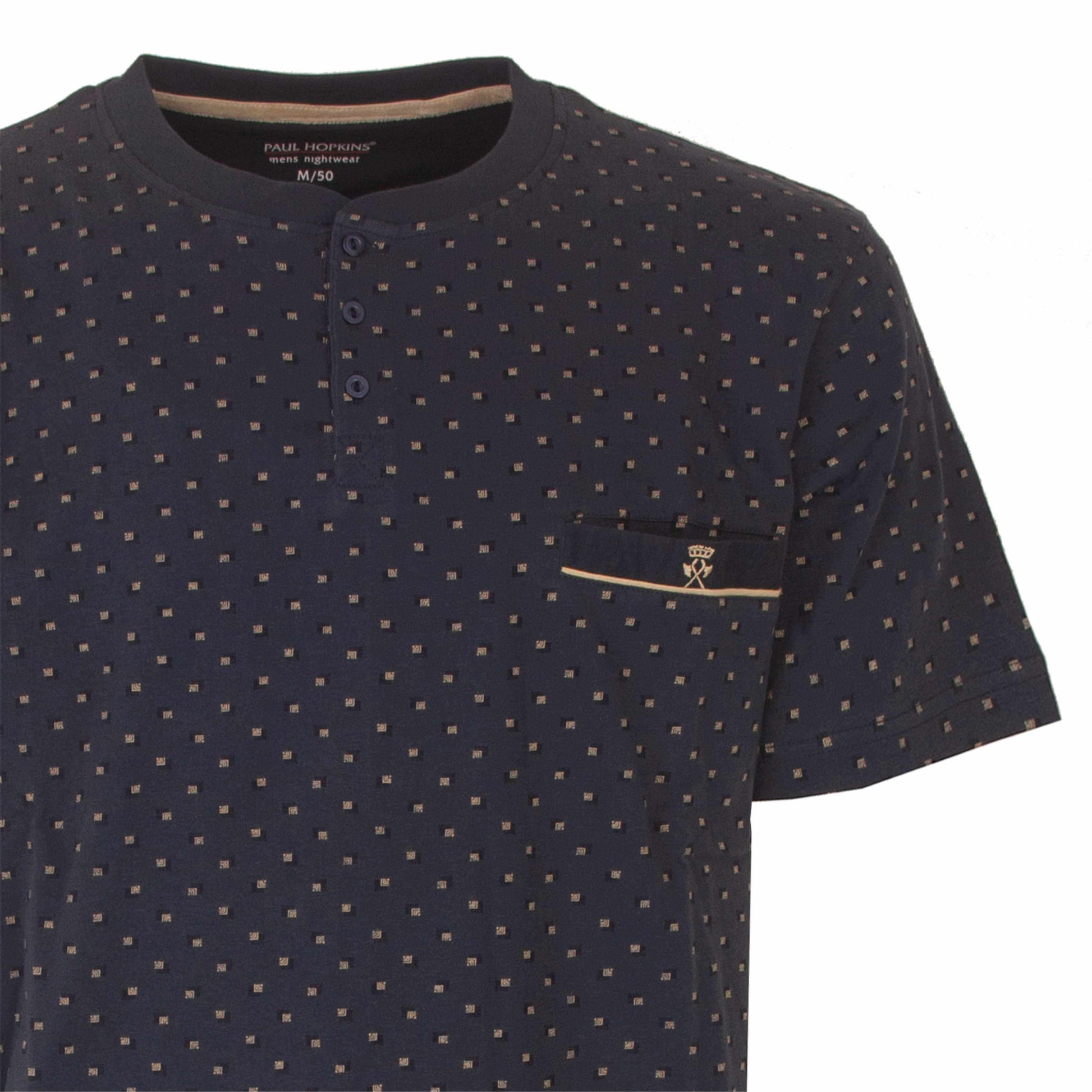 Indigo blauwe heren shortama met klein geprint dessin en knoopsluiting, Paul Hopkins merk met logo op borstzakje