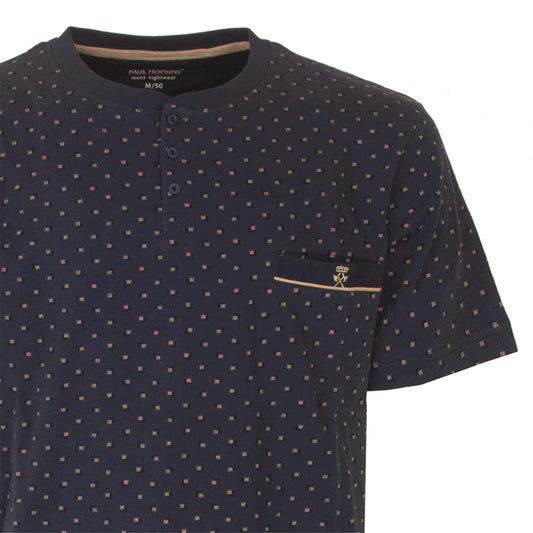 Indigo blauwe heren shortama met klein geprint dessin en knoopsluiting, Paul Hopkins merk met logo op borstzakje