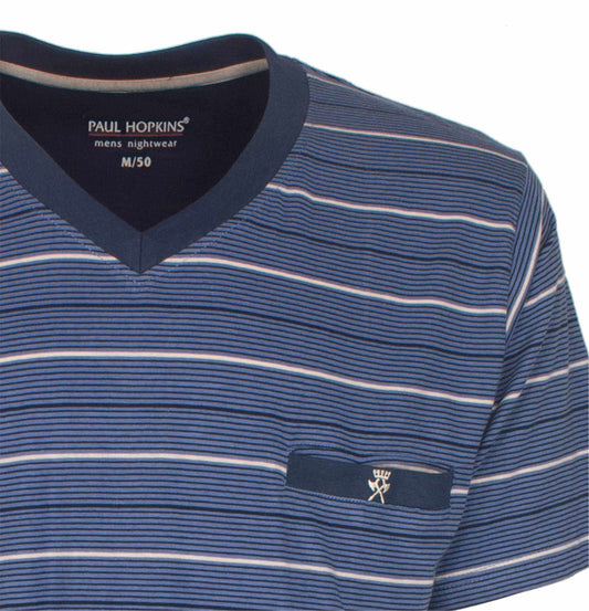 Gestreepte V-hals pyjama top in jeansblauw met witte strepen, merk Paul Hopkins, voor heren nachtkledij