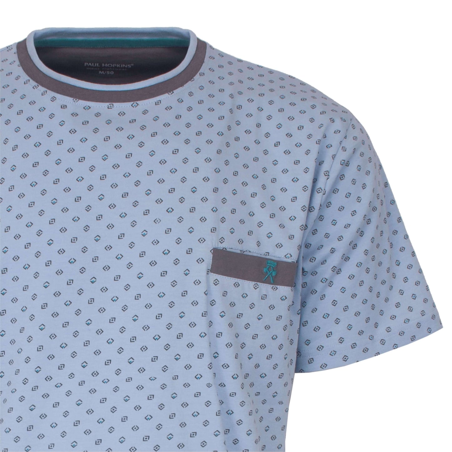 Lichtblauw heren T-shirt met kleine geometrische print, ronde hals en borstzakje met logo-embleem