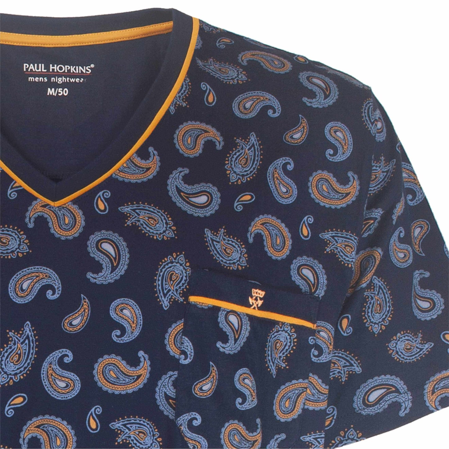 Blauwe pyjama top met oranje accenten en paisley print, V-hals en korte mouw, merk Paul Hopkins
