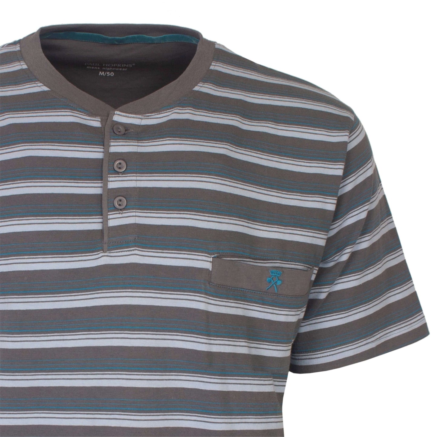 Gestreepte heren T-shirt met korte mouwen en polo sluiting in grijze en lichtblauwe tinten, met borstzakje