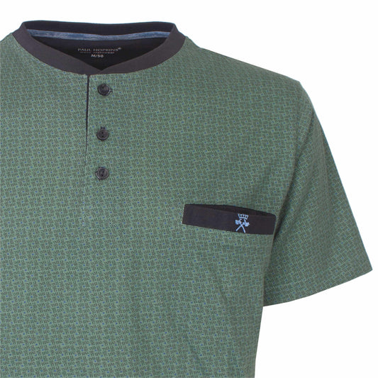 Groene heren shortama met polo sluiting, fijn patroon en donker contrast op kraag en borstzak met logo