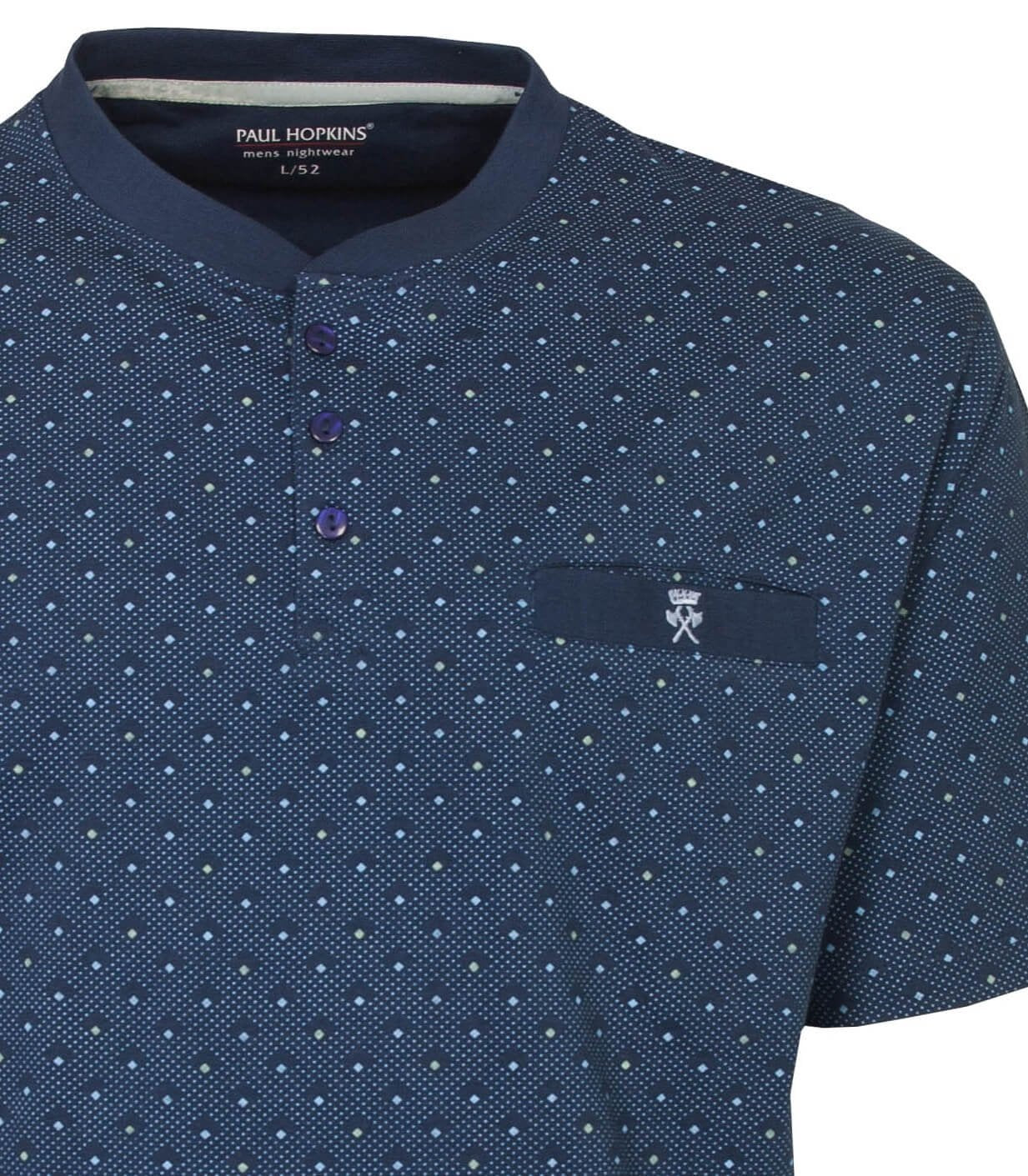 Blauw heren pyjama-shirt met korte mouwen, stippenpatroon en knoopsluiting, merk Paul Hopkins zichtbaar