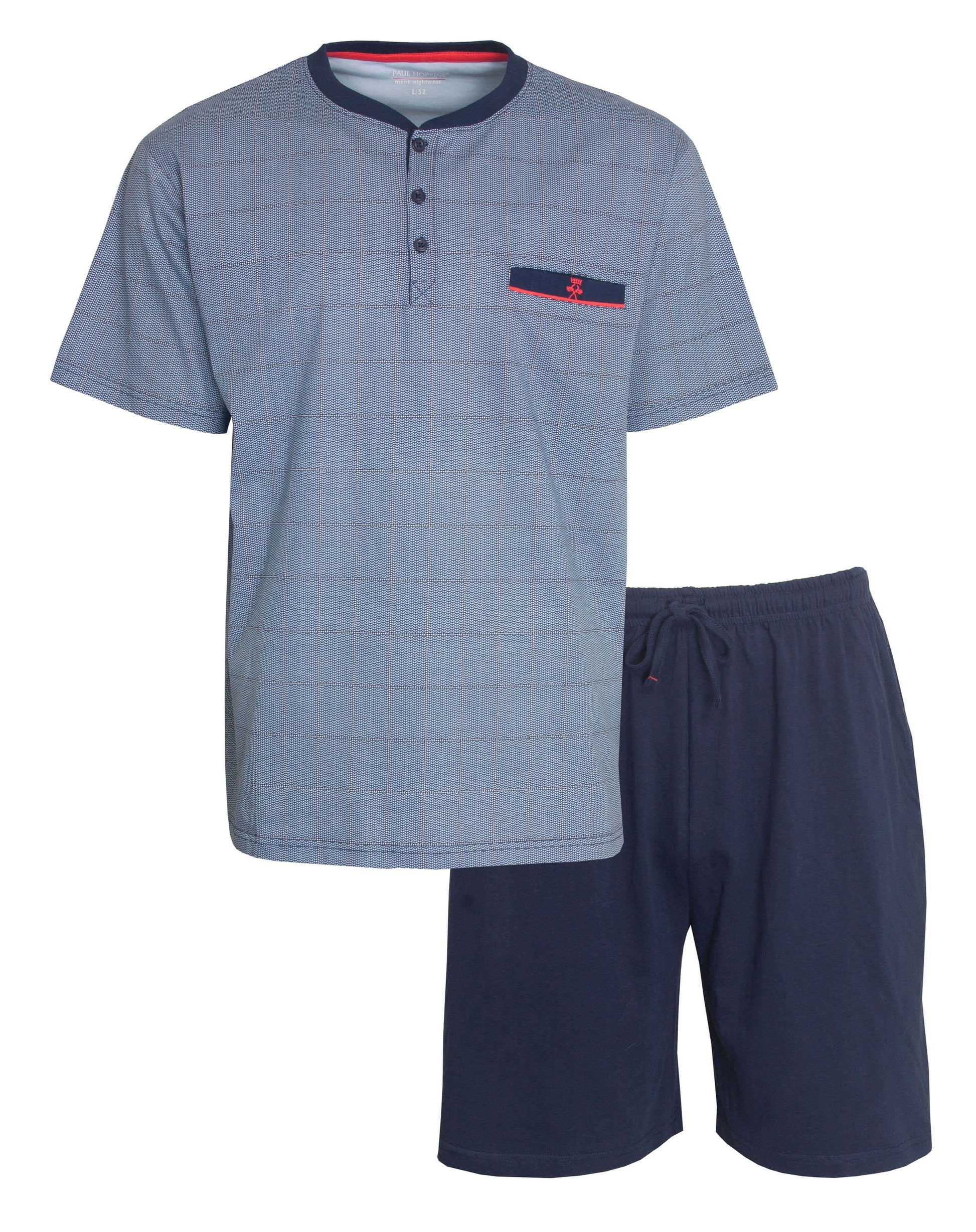 Blauwe heren shortama set met geprint shirt met knopen en korte mouwen, en effen donkerblauwe korte broek