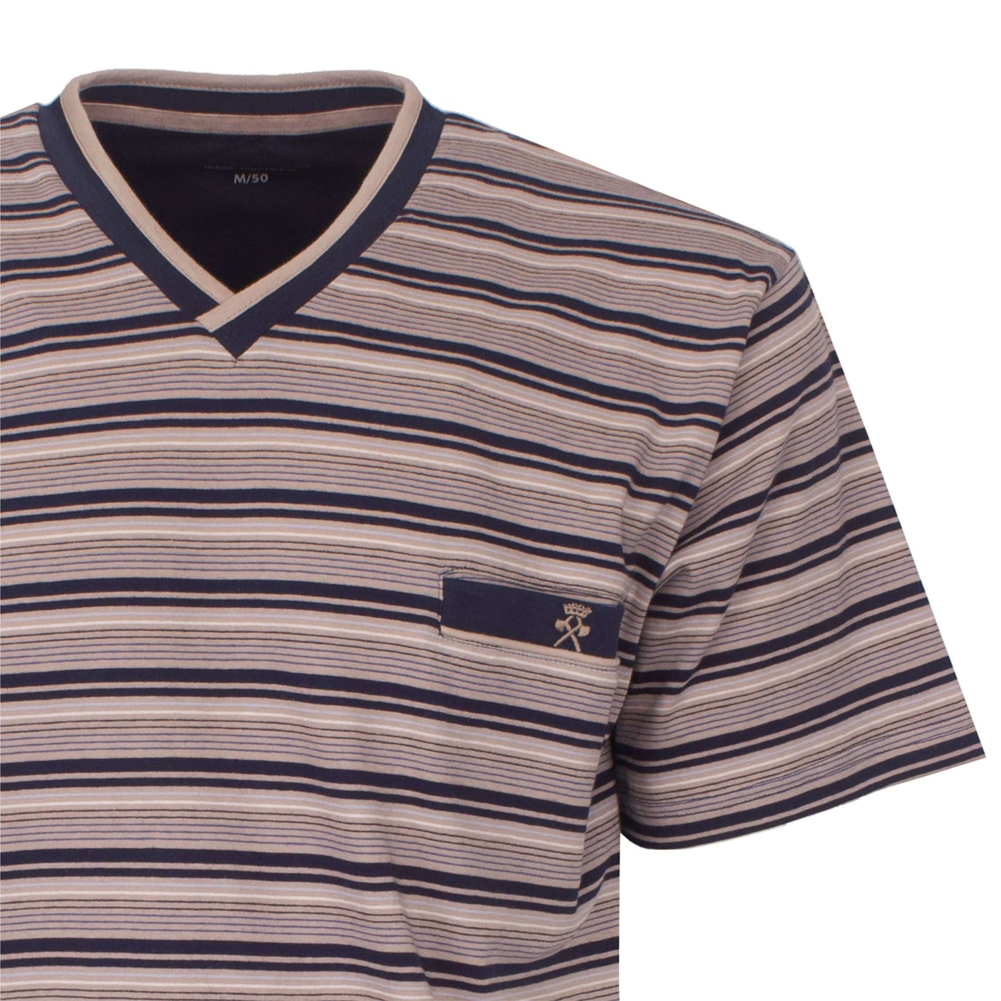 Gestreepte V-hals heren shortama in donkerblauw en beige tinten, met een klein merklogo op de borstzak.
