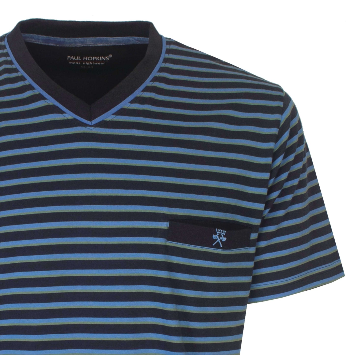 Gestreepte heren shortama van Paul Hopkins met V-hals in blauw, zwart en groen. Korte mouwen en borstzakje.