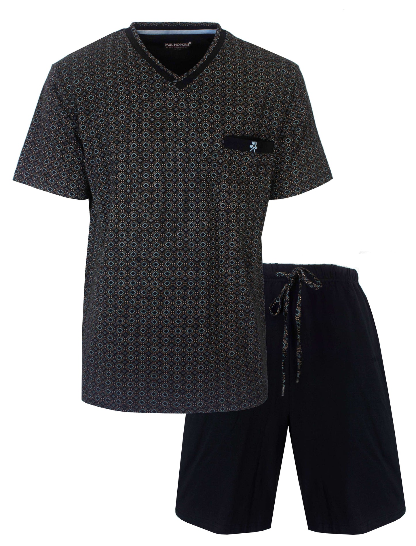 Donkerblauwe heren shortama met V-hals en geometrisch patroon, inclusief korte broek met trekkoord
