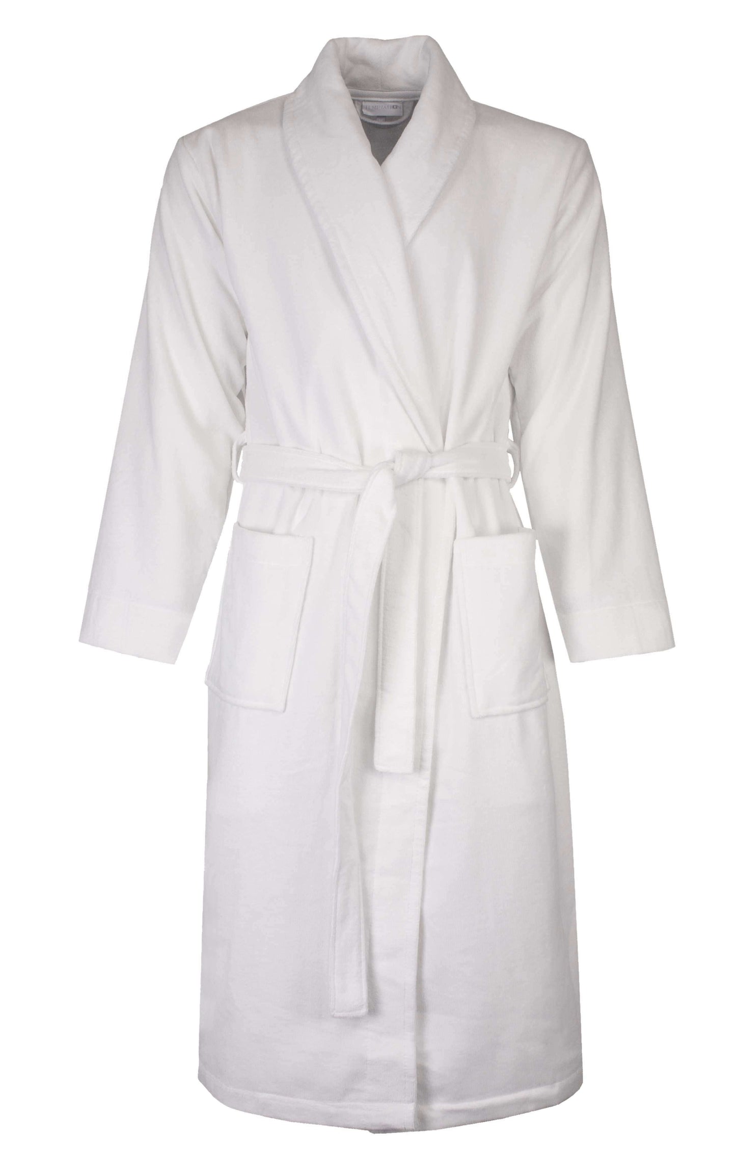 Witte badjas met lange mouwen, sjaalkraag, ceintuur en twee zakken, gemaakt van 100% katoen velours badstof.