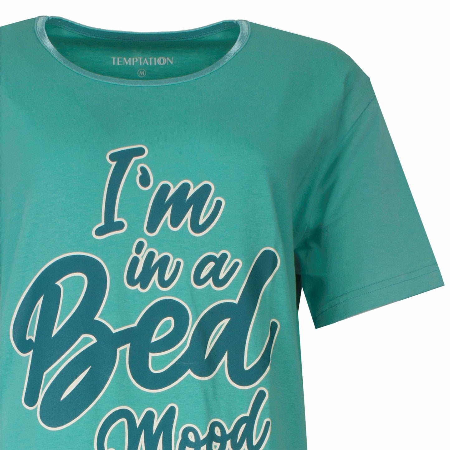 Aqua kleurig dames T-shirt met opschrift 'Iuk 'I'm in a Bed mood' in witte en donkere letters