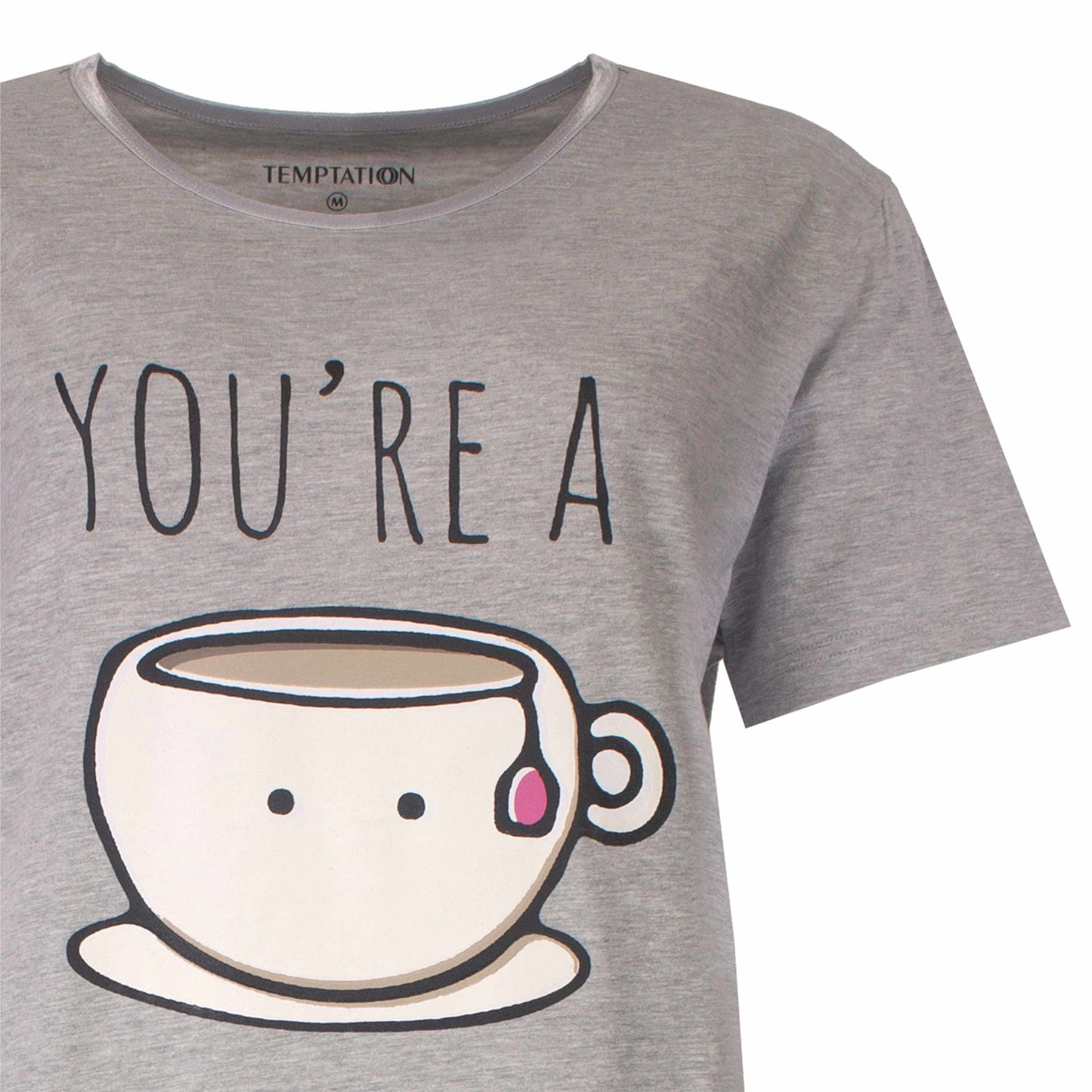 Grijs melange dames T-shirt met opdruk 'YOU'RE A' en een cartoon koffiekopje met ogen en roze wangetje
