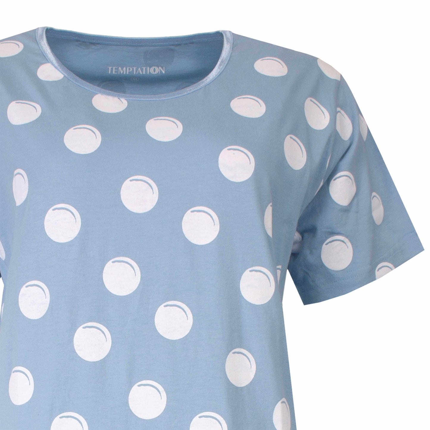 Lichtblauwe dames big shirt met witte stippen, ronde hals en korte mouwen van het merk Temptation