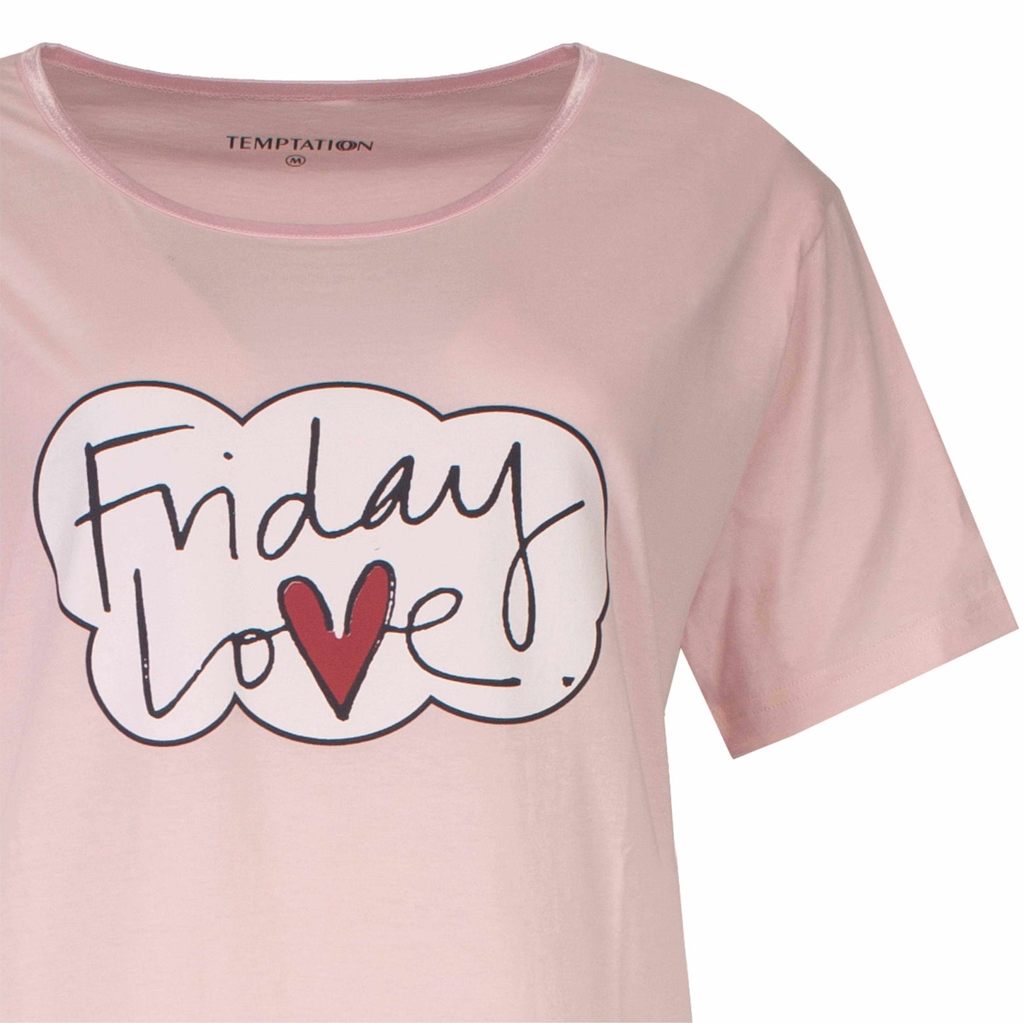 Lichtroze dames T-shirt met korte mouwen en 'Friday Love' opdruk in wit met rood hartje