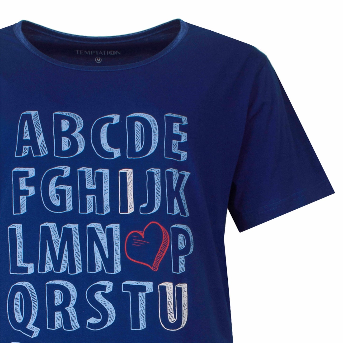 Marineblauw dames T-shirt met alfabet print en een rood hartje tussen de letters O en P.