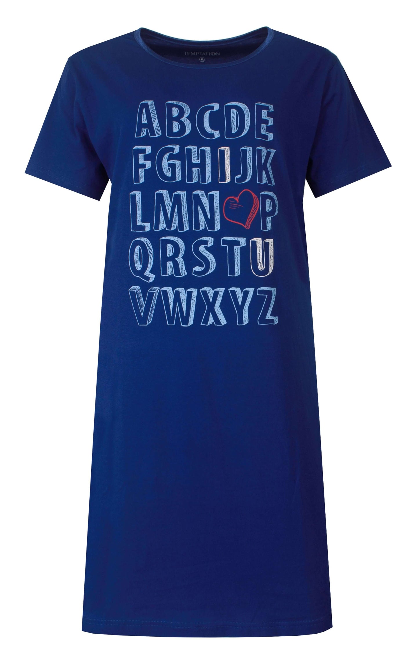 Marineblauw nachthemd met alfabetprint en rood hartje bij de letter O, korte mouwen en ronde hals.