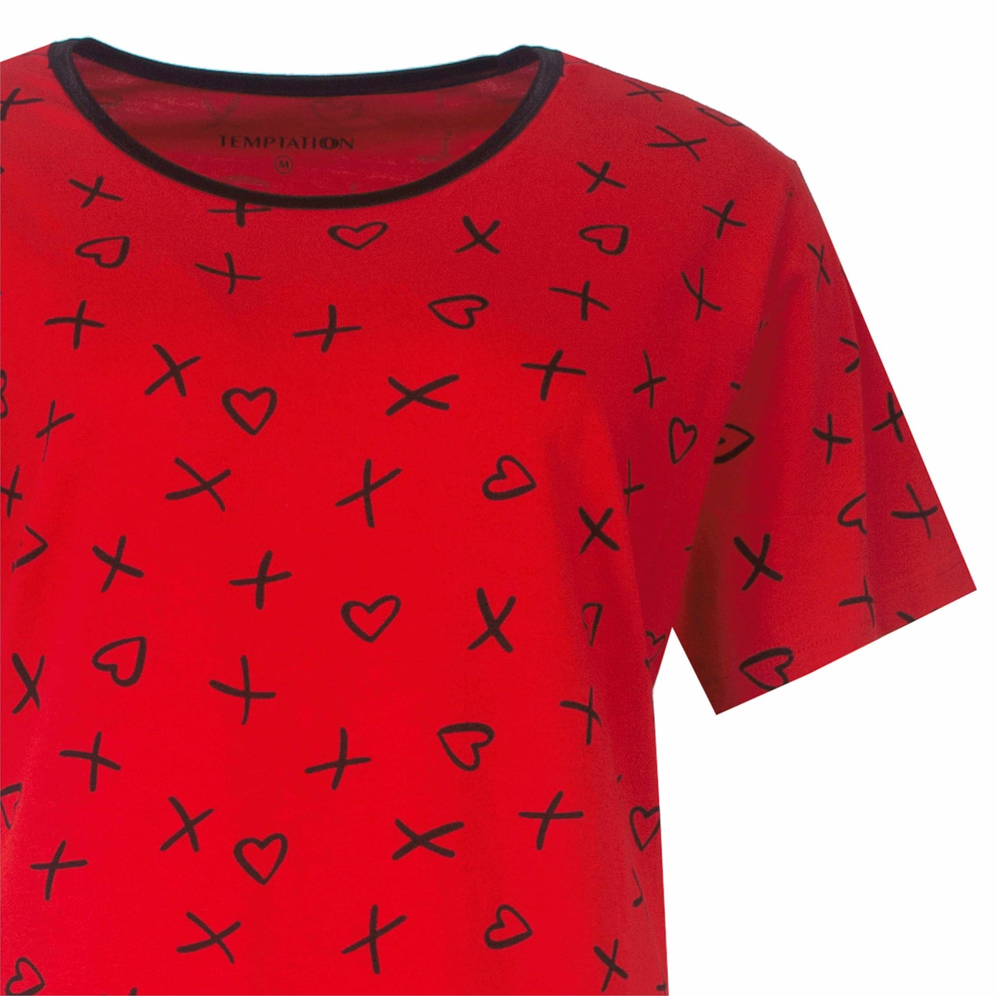 Rode oversized dames T-shirt met zwarte hartjes en kruisjes print, ronde hals en korte zwarte bies