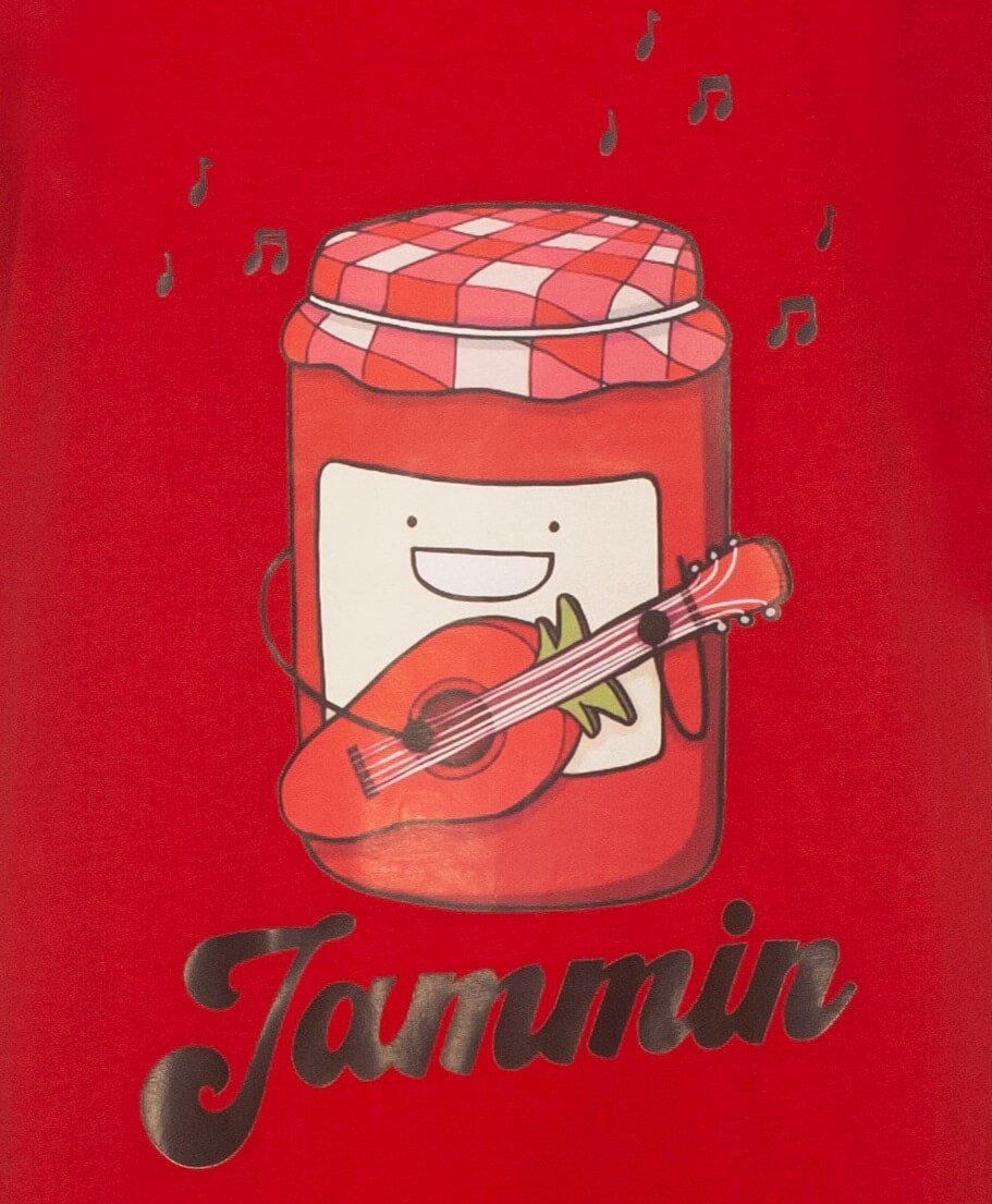 Illustratie van een rode jampot met gezicht, spelend op een gitaar. Tekst 'Jammin' onderaan op rode achtergrond.