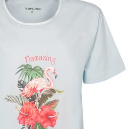 Lichtblauw dames nachthemd met tropische print van flamingo, palmbladeren en hibiscusbloemen op de voorkant.