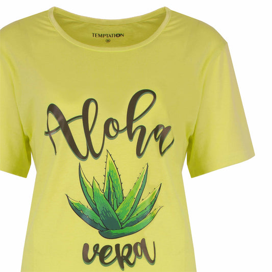Limegroen dames nachthemd met 'Aloha vera' opdruk en aloe vera plant illustratie op de voorkant