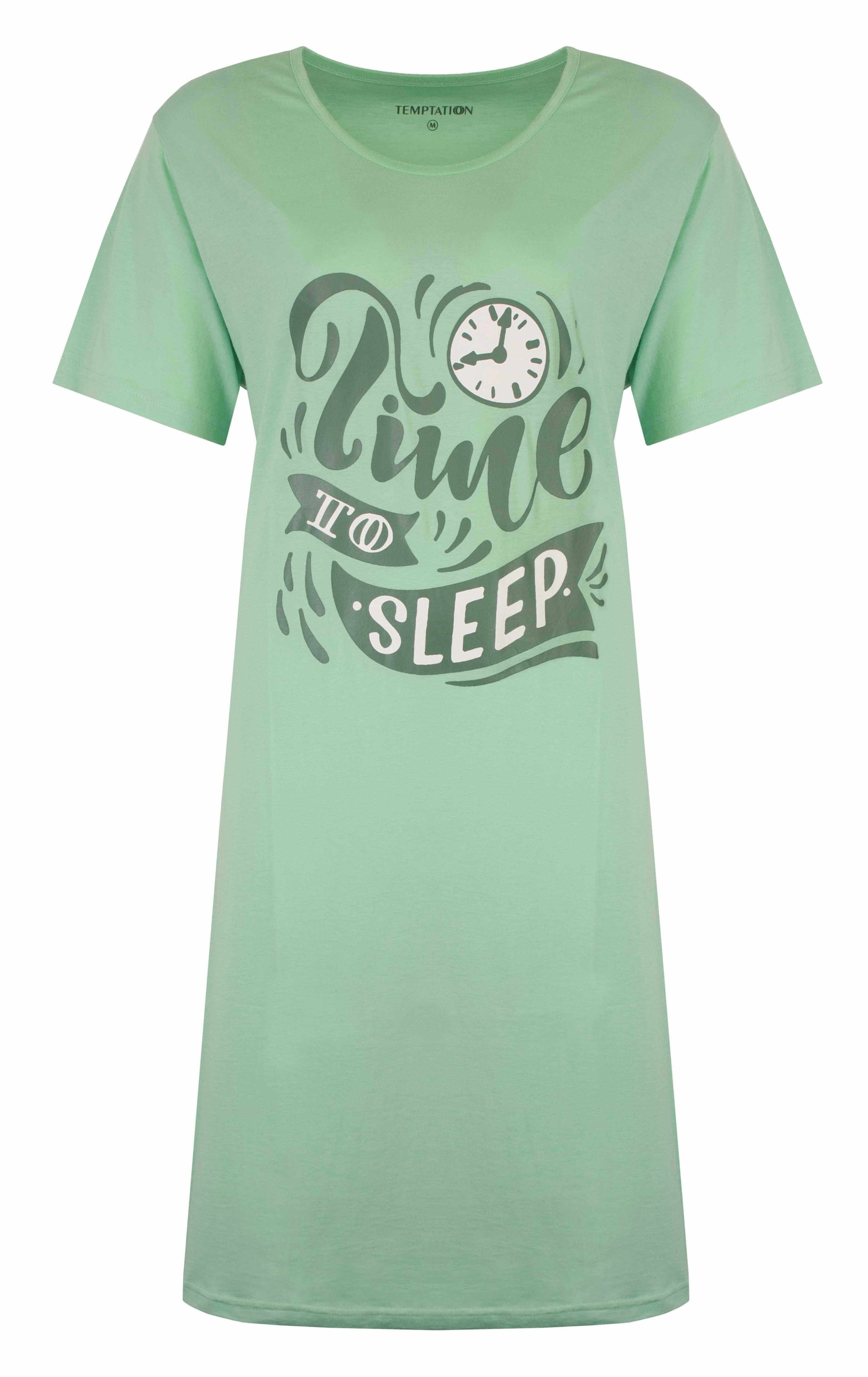 Groen katoenen nachthemd met korte mouwen en 'Time to sleep' opdruk, inclusief klokafbeelding