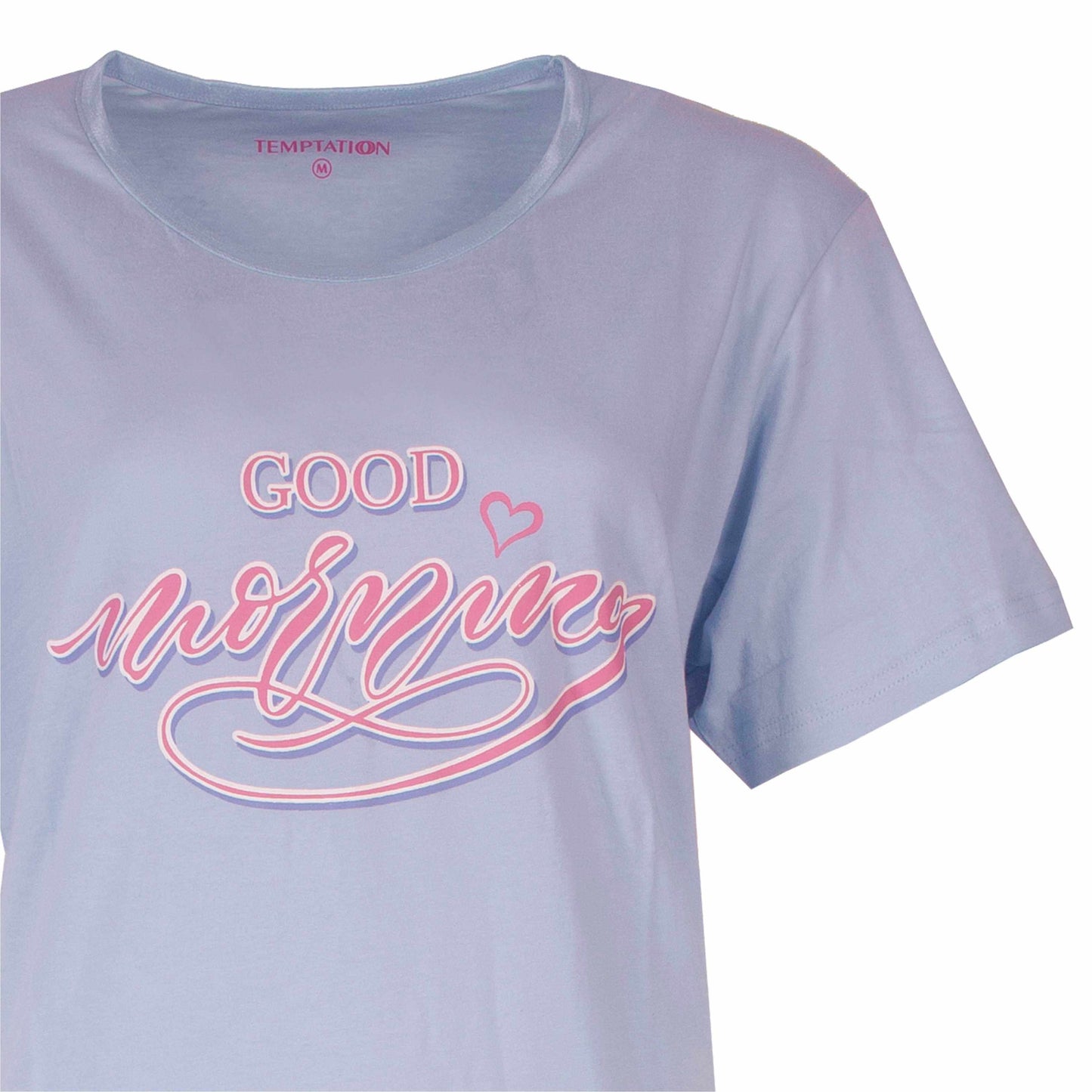 Lichtblauw nachthemd met korte mouwen en 'Good morning' in roze letters op de voorkant, merk Temptation