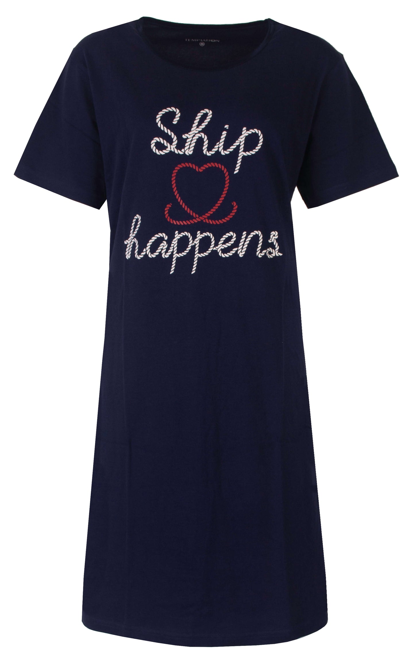 Donkerblauw nachthemd met korte mouwen en 'Ship happens' tekst in touwachtige letters en rood hart